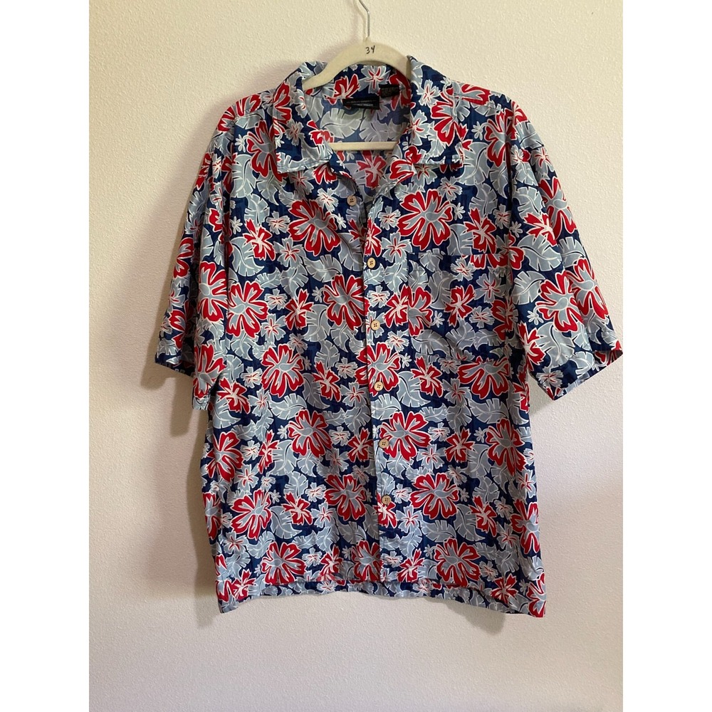 Anchor Blue Hawaiian Blue Red Button Up Shirt Size L Large Men Short Sleeve